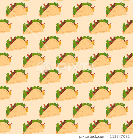 Tacos seamless pattern. Mexican fast food snack loop background. Vector illustration. 113847081