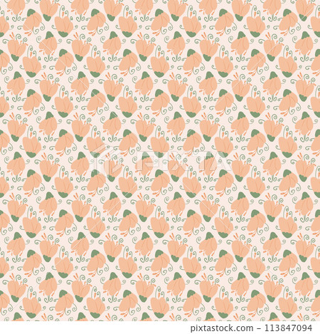 Peach fuzz wildflowers simple seamless pattern. Floral endless background. Flower bud repeat cover. Vector hand drawn illustration. 113847094
