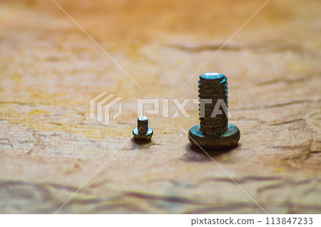 Small and large screw stays on uneven paper surface Small and large screw stays on uneven paper surface 113847233