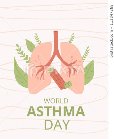 World asthma day banner template. Annual health awareness background. Inhaler with lungs emblem. Vector vertical illustration. World asthma day banner template. Annual health awareness background. Inhaler with lungs emblem. Vector vertical illustration. 113847268