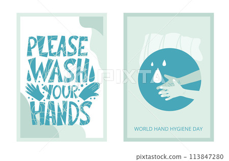 World hand hygiene day templates set. Please wash your hands lettering poster awareness background. Vector illustration. 113847280