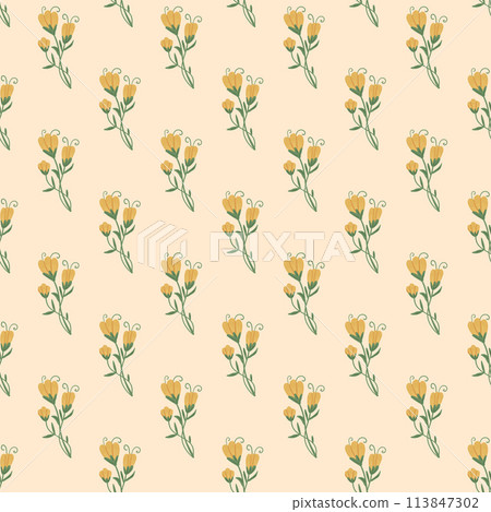 Yellow wildflowers with leaves seamless pattern. Floral endless background. Flower and foliage loop tiled ornament Summer botanic repeat cover. Vector hand drawn illustration. Yellow wildflowers with leaves seamless pattern. Floral endless background. Flower and foliage loop tiled ornament Summer botanic repeat cover. Vector hand drawn illustration. 113847302