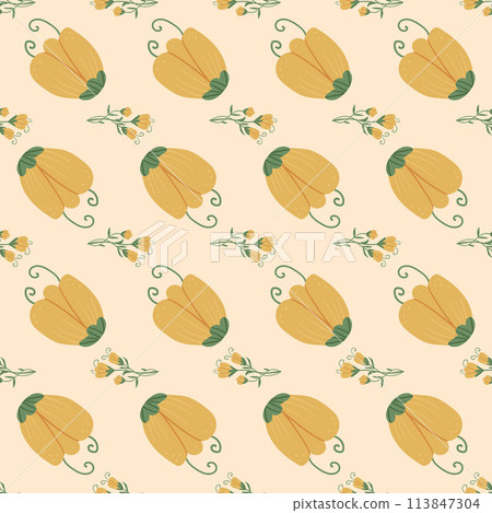 Crocus seamless pattern. Floral endless background. Flower and foliage loop tiled ornament Summer botanic repeat cover. Vector hand drawn illustration. Crocus seamless pattern. Floral endless background. Flower and foliage loop tiled ornament Summer botanic repeat cover. Vector hand drawn illustration. 113847304