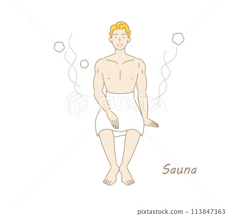 A refreshing man who moves from the sauna to the cold bath and then to the rest area to cool down in the fresh air. 113847363