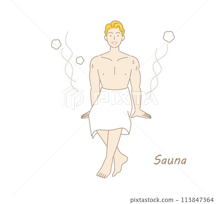 A refreshing man who moves from the sauna to the cold bath and then to the rest area to cool down in the fresh air. 113847364
