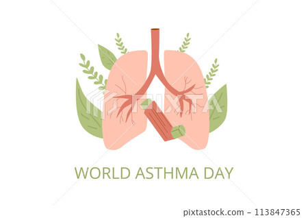 World asthma day template. Annual health awareness background. Inhaler with lungs on leaves emblem. Vector illustration. 113847365
