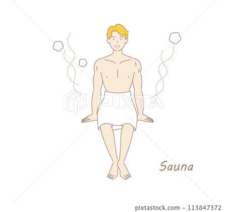 從桑拿房洗完冷水澡後，精神煥發的男人走到休息區，在新鮮的空氣中給身體降溫。 113847372