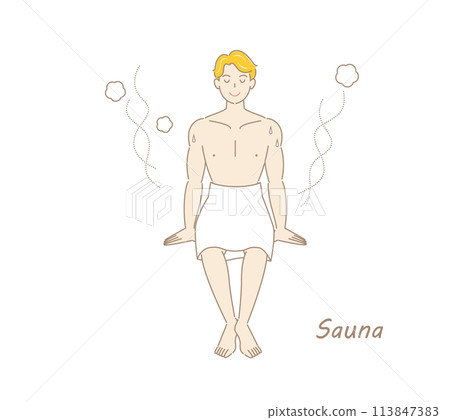 從桑拿房洗完冷水澡後，精神煥發的男人走到休息區，在新鮮的空氣中給身體降溫。 113847383