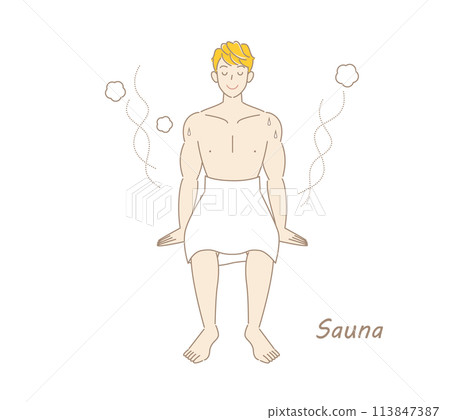 A refreshing man who moves from the sauna to the cold bath and then to the rest area to cool down in the fresh air. 113847387