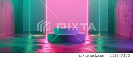 Neon lights and reflective podium in a minimalist modern room, perfect for product displays 113847390