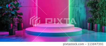Neon pink podium in a tropical-themed room with vibrant lighting and modern design Neon pink podium in a tropical-themed room with vibrant lighting and modern design 113847391