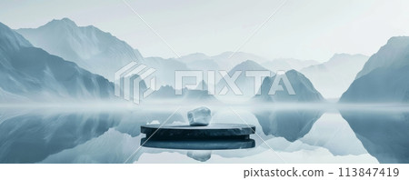 Serene mountain landscape with misty reflections and zen rocks 113847419
