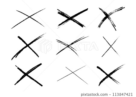 Cross sketch grunge scribble set X shape sign, mark on white background. Strikethrough textured brush charcoal or marker hand drawn lines. 113847421