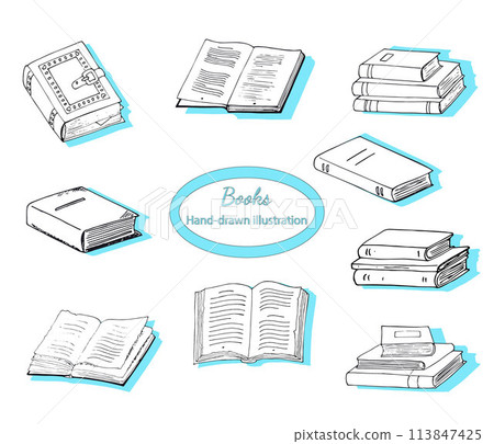 Hand-drawn books doodle set. Line art style. Books vector collection. A pile of books, hardcover books, opened books with pages, closed books. 113847425