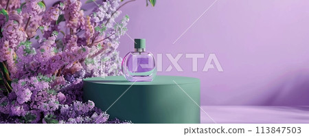 Elegant perfume bottle on a green podium surrounded by purple flowers - a minimalist product display. 113847503