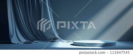 Elegant minimalist stage with blue curtain and spotlight for showcasing products 113847545