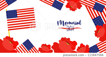 Memorial Day poster. American flags with poppies flowers on white background. Vector illustration horizontal banner for design national traditional holidays USA. Memorial Day poster. American flags with poppies flowers on white background. Vector illustration horizontal banner for design national traditional holidays USA. 113847566