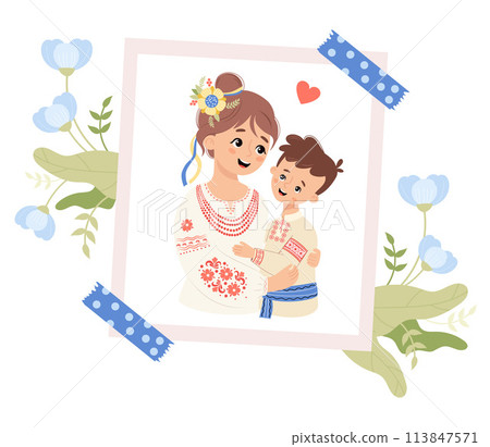 Cute holiday photograph from happy Ukrainian mother and son in traditional clothes embroidered shirt with blue flowers. Vector illustration. Festive cultural national character family Cute holiday photograph from happy Ukrainian mother and son in traditional clothes embroidered shirt with blue flowers. Vector illustration. Festive cultural national character family 113847571