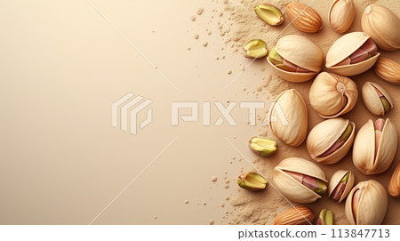 Fresh pistachios in a rustic turquoise bowl on vibrant background. Healthy food and snack concept 113847713