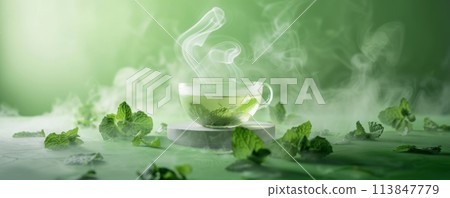 Steaming cup of herbal tea with fresh mint leaves on a soft green background 113847779