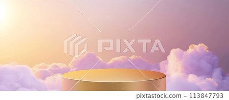 Golden yellow podium surrounded by fluffy clouds in a serene pastel sky, ideal for product presentations Golden yellow podium surrounded by fluffy clouds in a serene pastel sky, ideal for product presentations 113847793