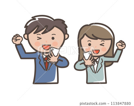 Upper body illustration of male and female businessmen doing fist pumps while looking at smartphones 113847880