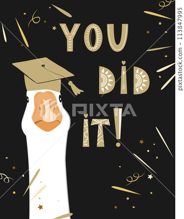 Cute graduate goose character and You Did It lettering in Scandinavian lettering. Geese wearing in graduation hat. Vector isolated illustration Cute graduate goose character and You Did It lettering in Scandinavian lettering. Geese wearing in graduation hat. Vector isolated illustration 113847995