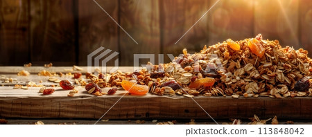 Crunchy granola mix with nuts and dried fruits on rustic wooden background illuminated by warm sunlight Crunchy granola mix with nuts and dried fruits on rustic wooden background illuminated by warm sunlight 113848042