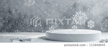 Stylish white podium with falling snowflakes and minimalist Christmas decoration 113848045