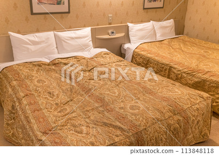 A view of a hotel room with two beds 113848118