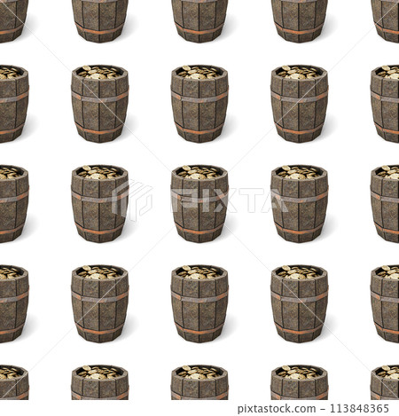 Empty Wooden Cask Barrel with Golden Coins Seamless Wallpaper Background. 3D Illustration. File with Clipping Path. 113848365