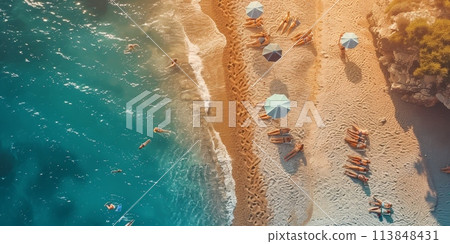 A beach scene with many people and umbrellas A beach scene with many people and umbrellas 113848431