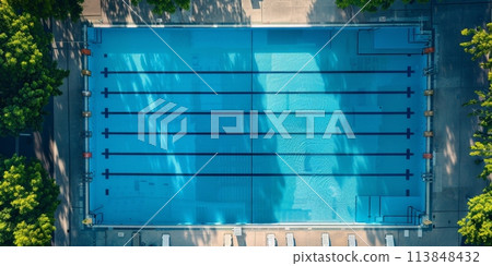A pool with a blue water and a white fence 113848432