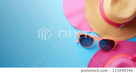 A blue background with a pink and yellow hat and sunglasses on top of it 113848546