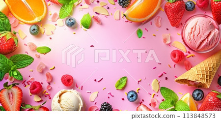 A colorful display of fruit and ice cream on a pink background 113848573