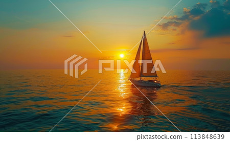 A sailboat is sailing on a calm ocean at sunset 113848639