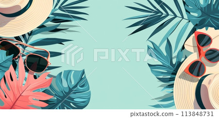 A tropical beach scene with a hat, sunglasses, and a pair of glasses 113848731
