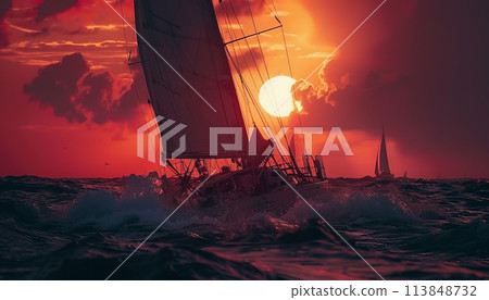 A sailboat is sailing in the ocean with a red 113848732
