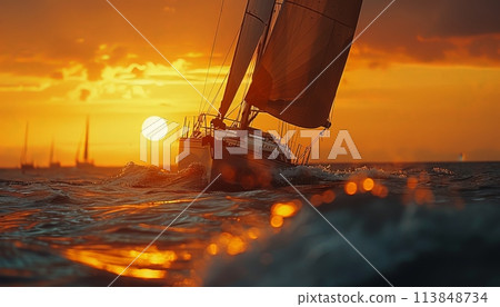 A sailboat is sailing in the ocean with the sun setting in the background 113848734