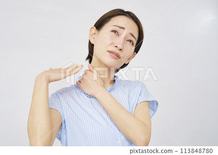 Middle-aged woman holding her hands up because it's hot, white background Middle-aged woman holding her hands up because it's hot, white background 113848780