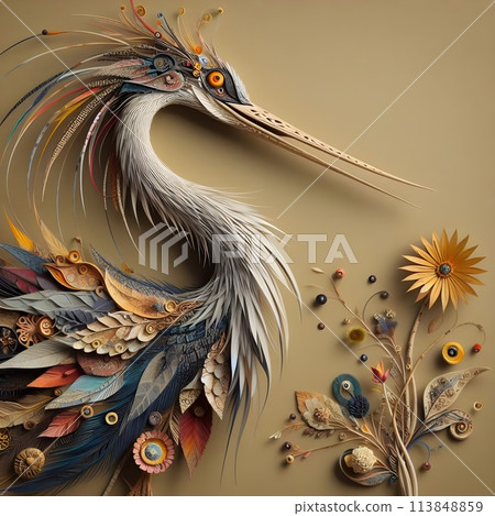 A stork that has been meticulously created from a variety of materials. 113848859