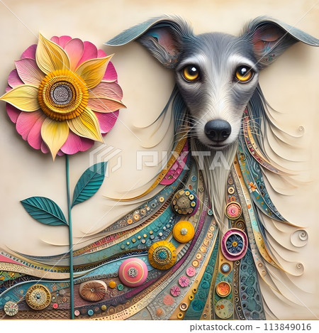 An unusual dog with a long neck decorated with patterns. 113849016