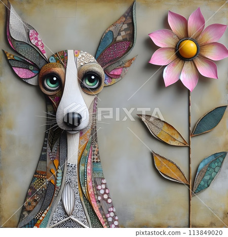 An unusual dog with a long neck decorated with patterns. 113849020