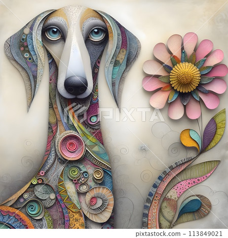 An unusual dog with a long neck decorated with patterns. 113849021