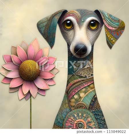 An unusual dog with a long neck decorated with patterns. 113849022