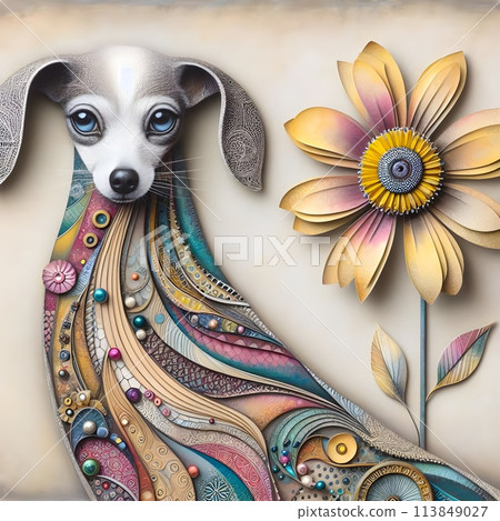 An unusual dog with a long neck decorated with patterns. 113849027