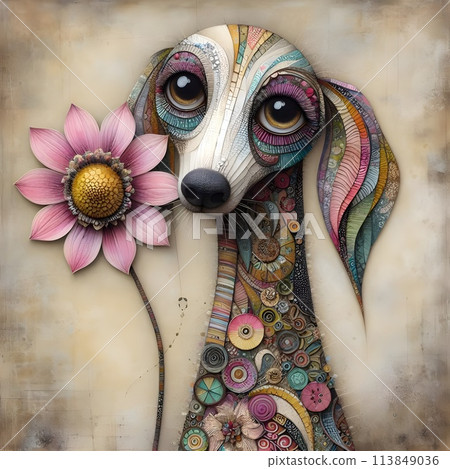 An unusual dog with a long neck decorated with patterns. 113849036