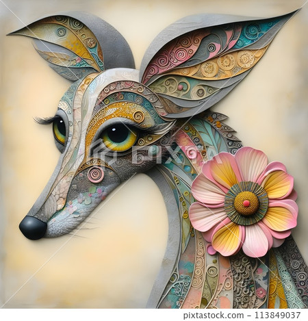 An unusual dog with a long neck decorated with patterns. 113849037