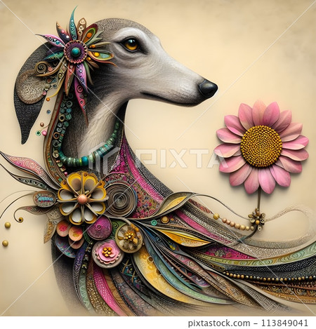 An unusual dog with a long neck decorated with patterns. 113849041