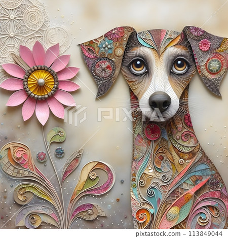 An unusual dog with a long neck decorated with patterns. 113849044